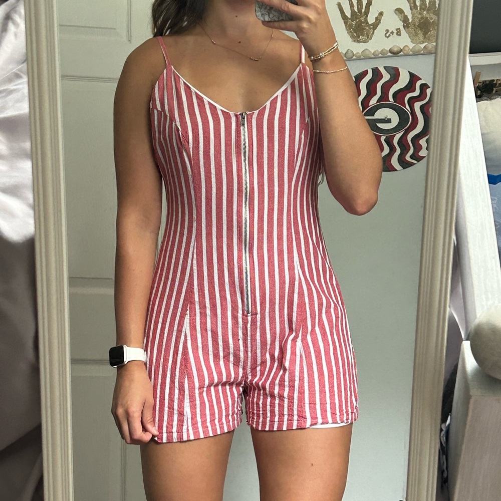 Red and White Striped Romper